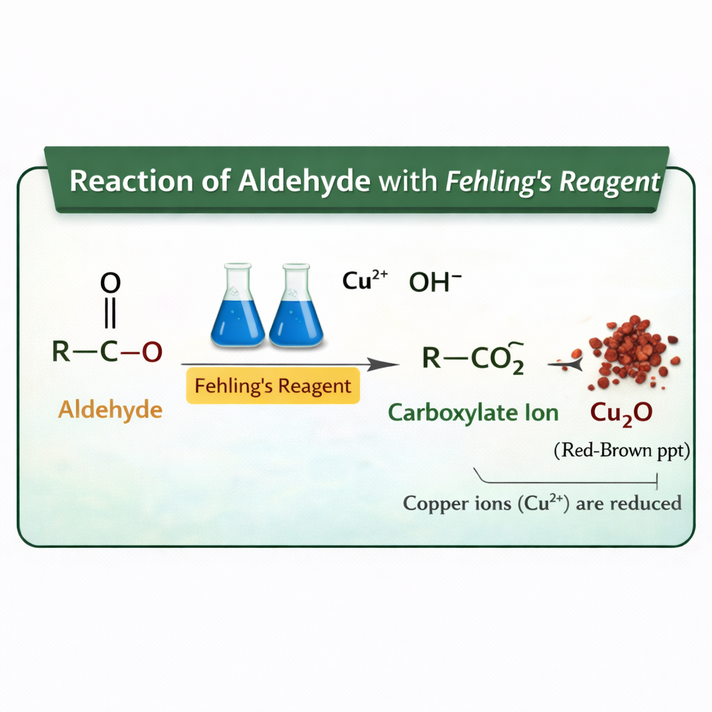 The two solutions are later mixed in equal volumes to get the final Fehling solution which is deep blue.  When an aldehyde is introduced to the fehling reagent, two things occur:  The aldehyde is oxidized by the Fehling’s reagent and forms a carboxylate ion.  The Cu+2 ions present in the Fehling’s reagent are reduced into Cu2O.