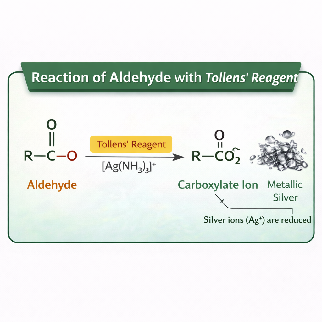 When an aldehyde is introduced to the Tollens’ reagent, two things occur:  The aldehyde is oxidized by the Tollens reagent and forms a carboxylate ion.  The silver ions present in the Tollens reagent are reduced into metallic silver. 