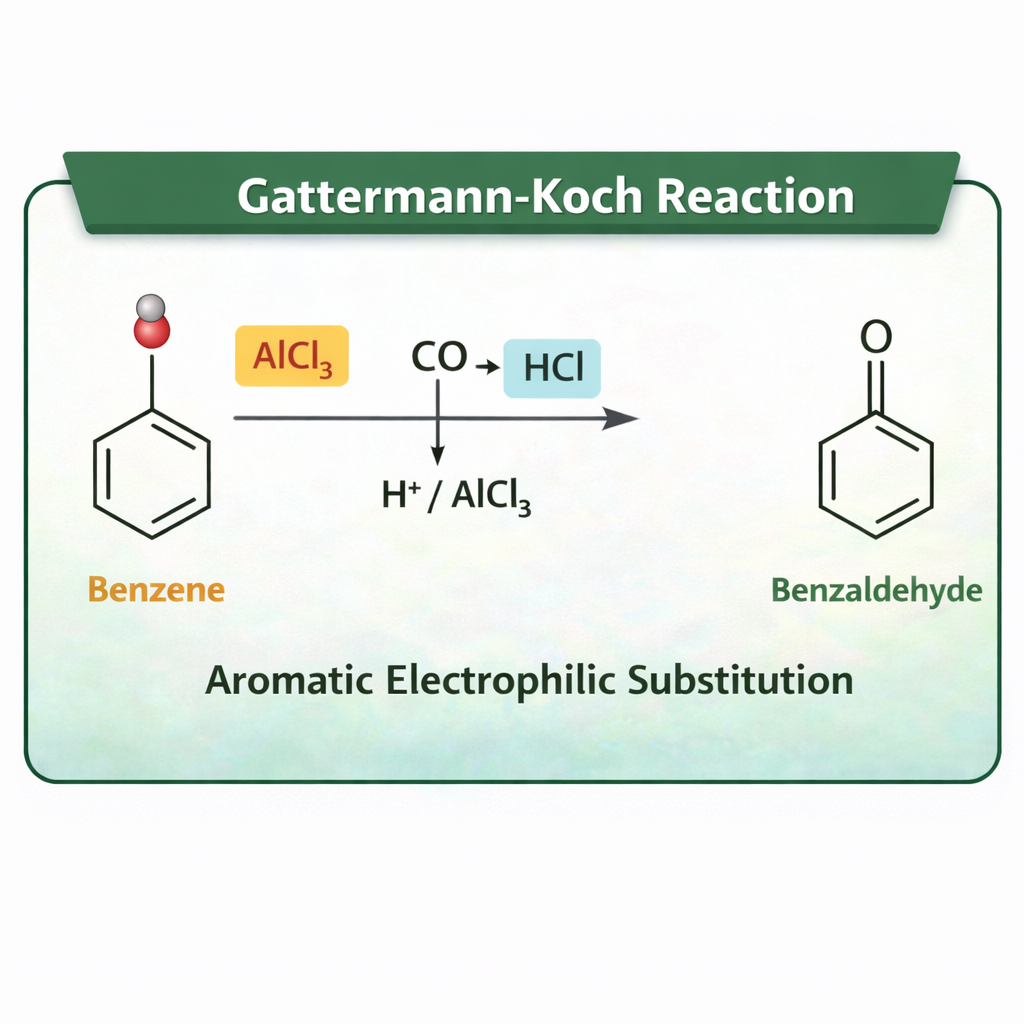 The Gattermann-Koch reaction produces benzaldehyde by reacting benzene with carbon monoxide in an acidic solution in the presence of anhydrous aluminum chloride. Aluminum chloride serves as a catalyst in this process. The reaction is an aromatic electrophilic substitution reaction.