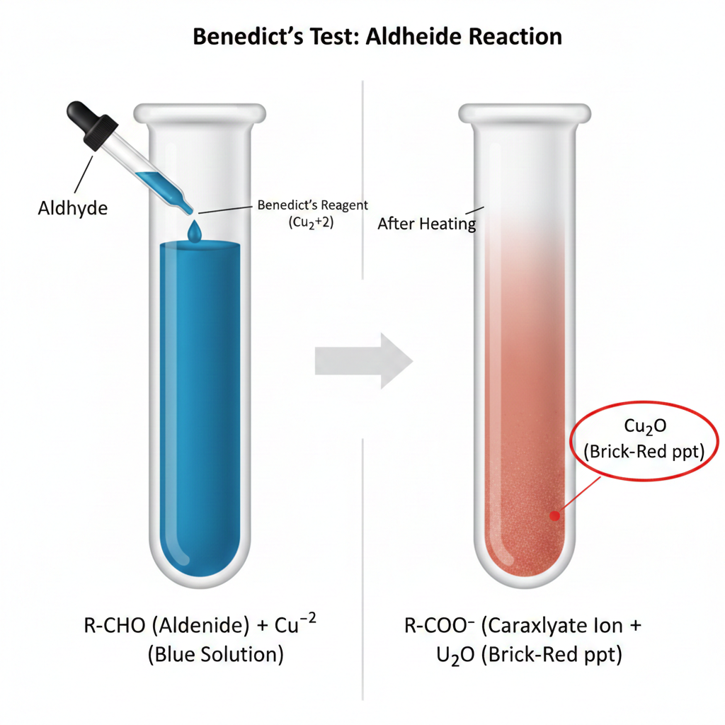 When an aldehyde is introduced to the final Benedict’s solution, two things occur:    The aldehyde is oxidized by the Benedict reagent and forms a carboxylate ion.    The Cu+2 ions present in the Benedict reagent are reduced into Cu2O (brick red ppt).