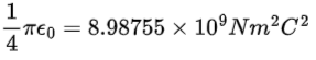 Numerical value of Coulomb’s constant written as approximately eight point nine eight seven five five multiplied by ten to the power nine, with units of newton meter squared per coulomb squared.