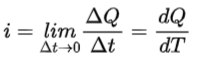 Definition of electric current described as the rate at which electric charge flows with respect to time, shown using a limiting process that leads to an instantaneous rate of change.