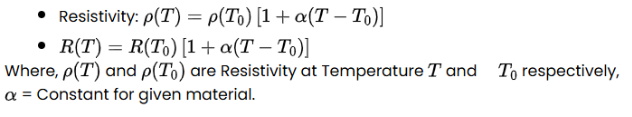 Explanation showing how resistivity and resistance of a material change with temperature. It states that both resistivity and resistance at a given temperature depend on their values at a reference temperature, along with a material-specific constant that measures how strongly they vary with temperature. It also clarifies that this constant is fixed for a given material.