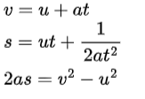 Three basic physics equations of motion showing relationships between velocity, acceleration, time, and displacement, written neatly on a plain background.