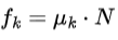 Simple physics equation for kinetic friction, showing frictional force equals coefficient of kinetic friction multiplied by the normal reaction force.