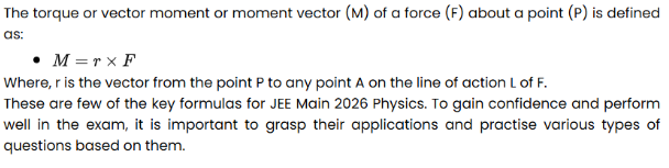 Definition of torque in physics, explaining moment of force using vector cross product and emphasizing its importance for JEE Main exam preparation.