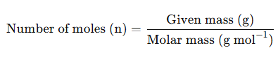 Formula shows number of moles equals given mass in grams divided by molar mass, expressed in grams per mole.