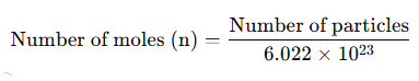 Formula explains number of moles equals total number of particles divided by Avogadro’s number, 6.022 × 10²³.
