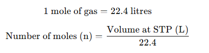 Text explains one mole of gas occupies 22.4 litres at STP, with formula to calculate moles from volume.