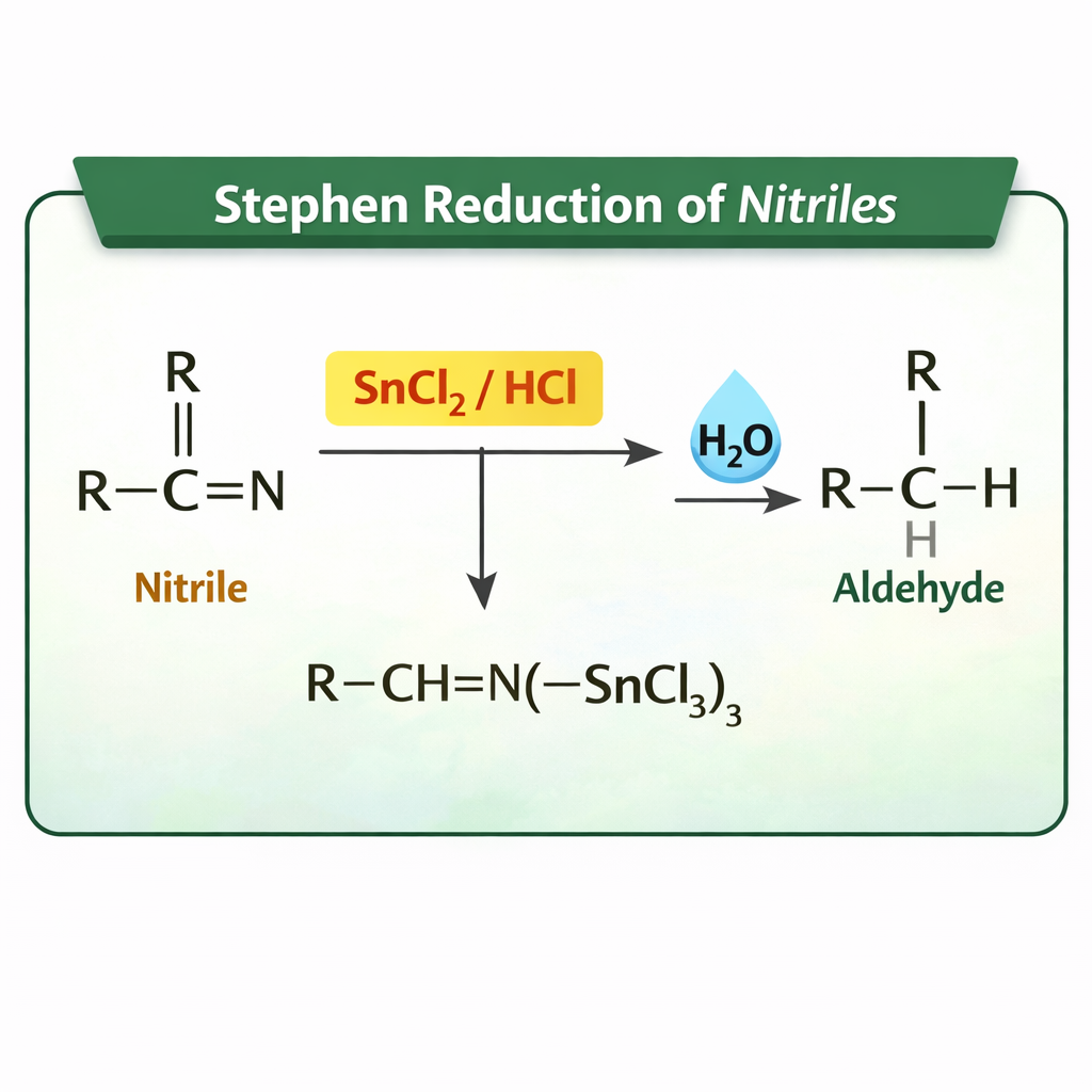 We get aldehydes when nitriles are reduced in the presence of stannous chloride and hydrochloric acid and then the resulting mixture is hydrolysed. This reaction is known as Stephen reaction.