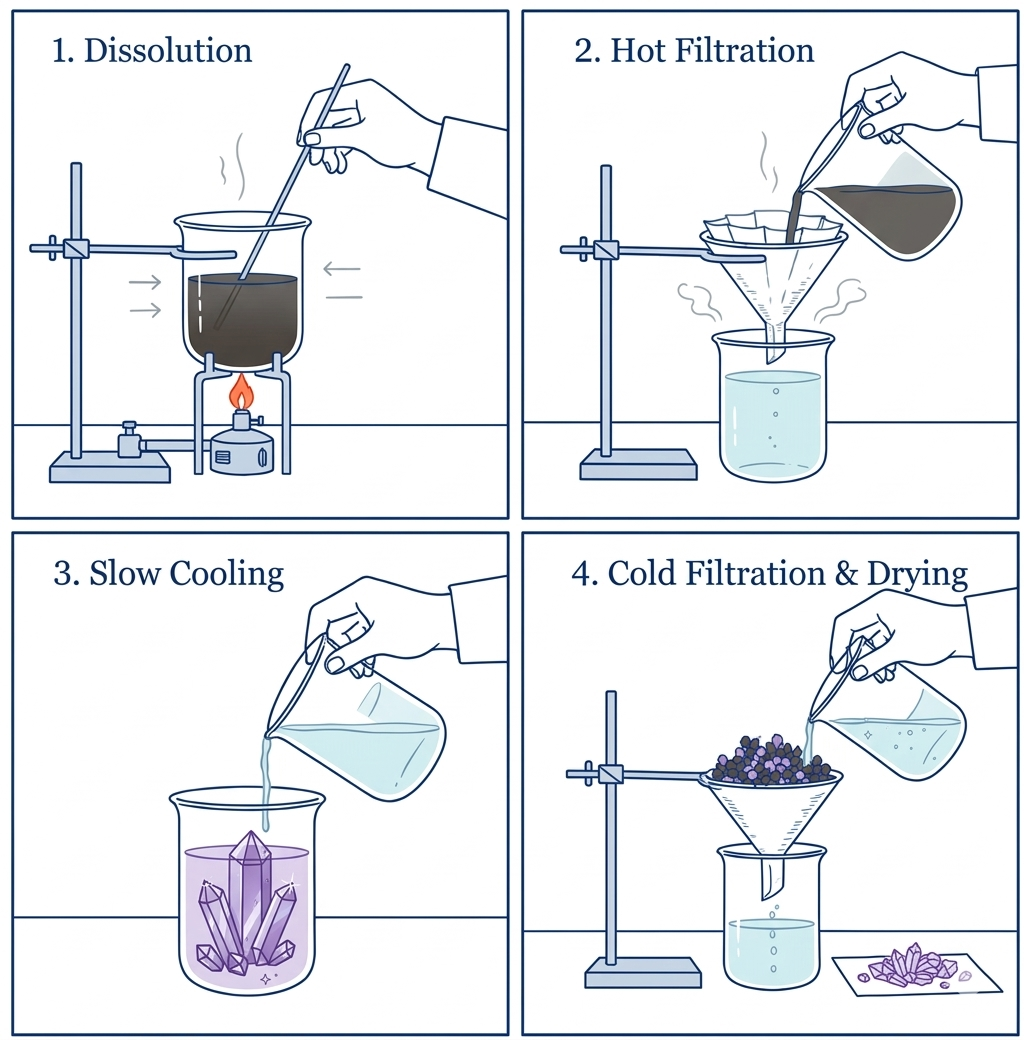 Step-by-step representation of the crystallisation process.